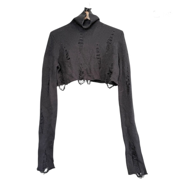 widow Sweaters - Dolls Kill Widow Cropped Black Extra Long Sleeves Turtleneck Sweater Size M/L